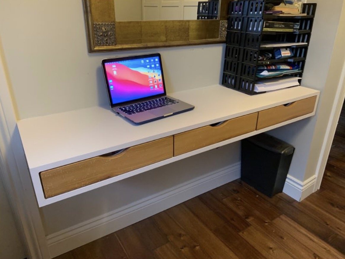 Floating desk with wood drawers